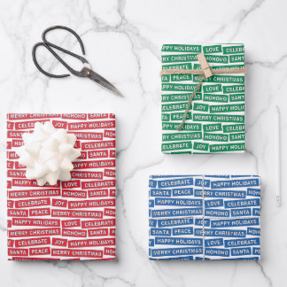 Kerstwoorden rood groen blauw papier vellen