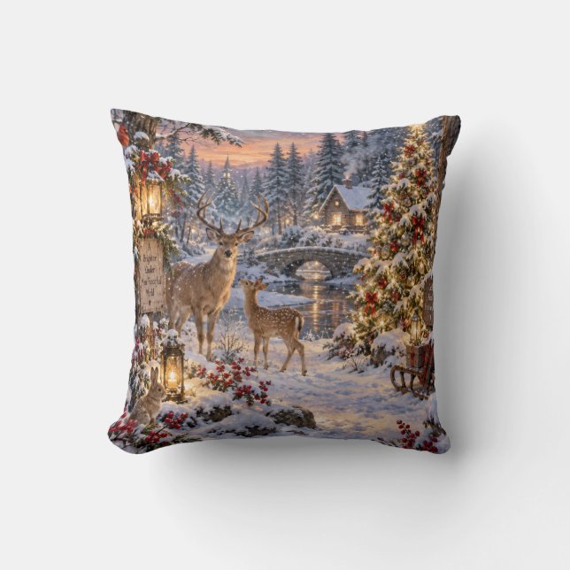 Kerstwoud Herten Scene Kussen (Voorkant)