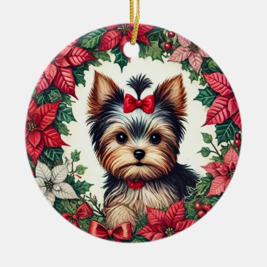 KerstYorkie Keramisch Ornament (Voorkant)