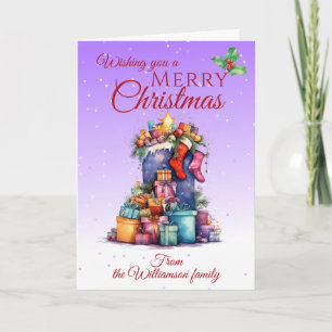Kerstzak En Cadeaus Familie Paars Feestdagen Kaart