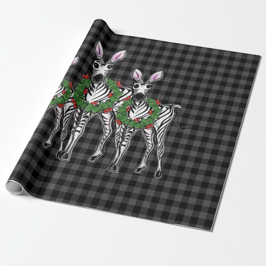 kerstzebra's, xmas met woede, grijze vlecht cadeaupapier (Uitgerold)