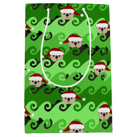KerstZee Otters Green Waves Medium Cadeauzakje (Voorkant)