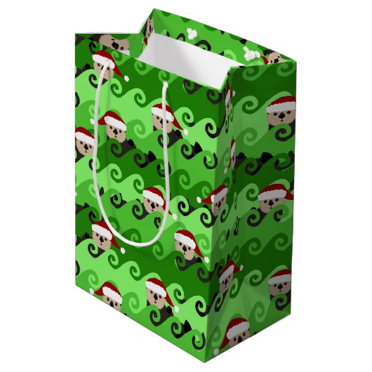 KerstZee Otters Green Waves Medium Cadeauzakje (Achterkant Gekanteld)