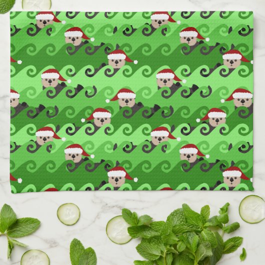 KerstZee Otters Green Waves Theedoek (Gevouwen)