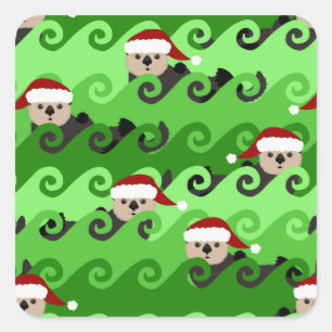 KerstZee Otters Green Waves Vierkante Sticker