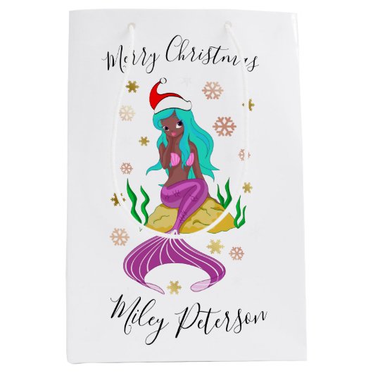 Kerstzeemeermin en sneeuwvlokken goud op maat medium cadeauzakje (Voorkant)