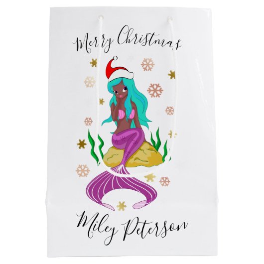 Kerstzeemeermin en sneeuwvlokken goud op maat medium cadeauzakje (Achterkant)