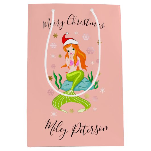 Kerstzeemeermin en sneeuwvlokken goud op maat medium cadeauzakje (Voorkant)