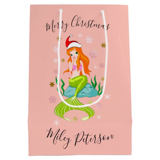 Kerstzeemeermin en sneeuwvlokken goud op maat medium cadeauzakje (Achterkant)