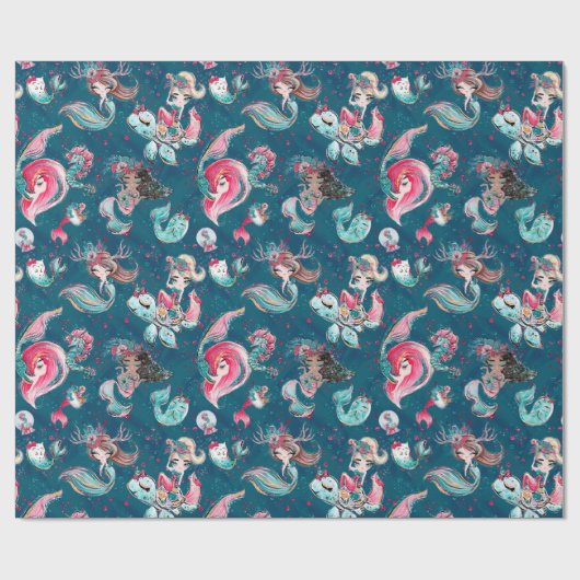 Kerstzeemeermin en vrienden cadeaupapier (Vlak)