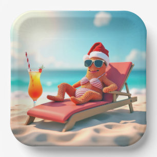 Kerstzeester zonnebaden in een bikini papieren bordje