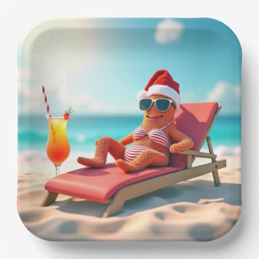 Kerstzeester zonnebaden in een bikini papieren bordje (Voorkant)