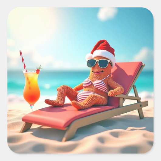 Kerstzeester zonnebaden in een bikini vierkante sticker (Voorkant)