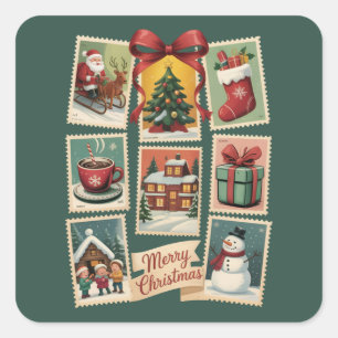Kerstzegel Vakantie Postzegels Retro Kerstman Vierkante Sticker