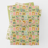 Kerstzegels, groene bogen, kerstman en sneeuwpoppe inpakpapier vel (In situ)