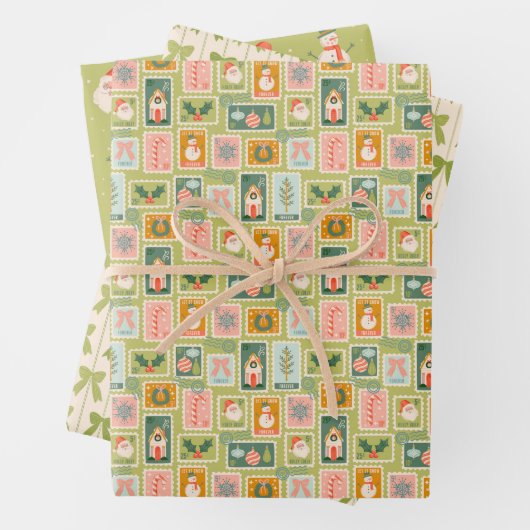 Kerstzegels, groene bogen, kerstman en sneeuwpoppe inpakpapier vel (In situ)
