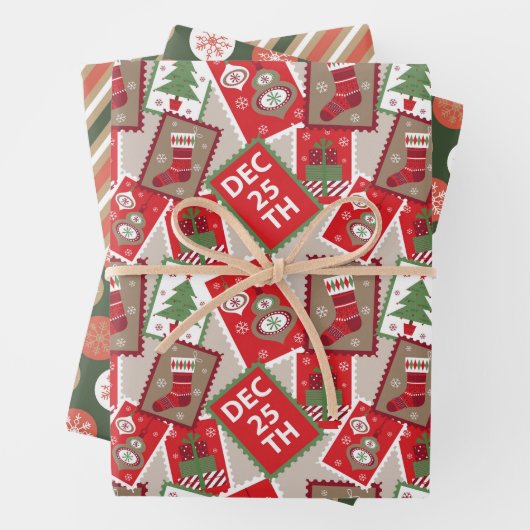 kerstzegels Ornamenten Verpakkingspapier Reeks 3 Inpakpapier Vel (In situ)