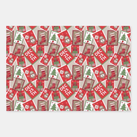 kerstzegels Ornamenten Verpakkingspapier Reeks 3 Inpakpapier Vel (Voorkant)