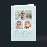 kerstzegels pastel groene foto collage feestdagen kaart<br><div class="desc">Stuur feestdagvreugde met deze eenvoudige en moderne gevouwen kerstkaart met een fotocollage met drie van uw favoriete familiefoto's over een mintgroene textuur achtergrond met de religieuze groet, "Kerstmis zegeningen" samen met uw familienaam en het jaar. Voeg je persoonlijke bericht aan de binnenkant toe of verwijder de tekst als je je...</div>