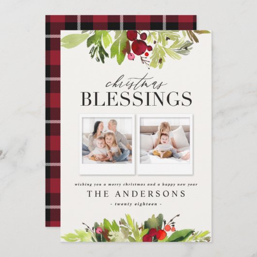Kerstzegen multi foto plaid en gebladerte feestdagenkaart (Voorkant / Achterkant)