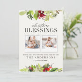 Kerstzegen multi foto plaid en gebladerte feestdagenkaart (Staand voorkant)