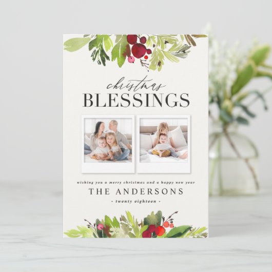 Kerstzegen multi foto plaid en gebladerte feestdagenkaart (Staand voorkant)
