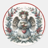 Kerstzegeningen Angel Green Pine Red Berries Ronde Sticker (Voorkant)