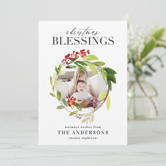Kerstzegeningen bloemenkrans foto feestdagenkaart (Staand voorkant)