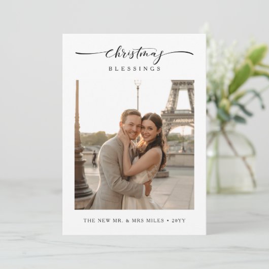 Kerstzegeningen Pas getrouwd Bestemmingsfoto Feestdagenkaart (Staand voorkant)