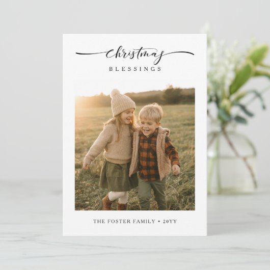 Kerstzegeningen rustieke moderne familiefoto feestdagenkaart (Staand voorkant)
