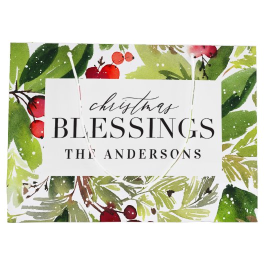 Kerstzegeningen waterverf gebladerte personalisere groot cadeauzakje (Achterkant)