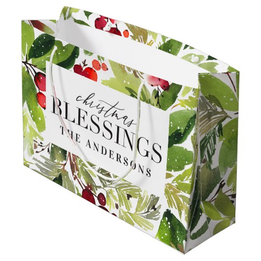Kerstzegeningen waterverf gebladerte personalisere groot cadeauzakje (Achterkant Gekanteld)