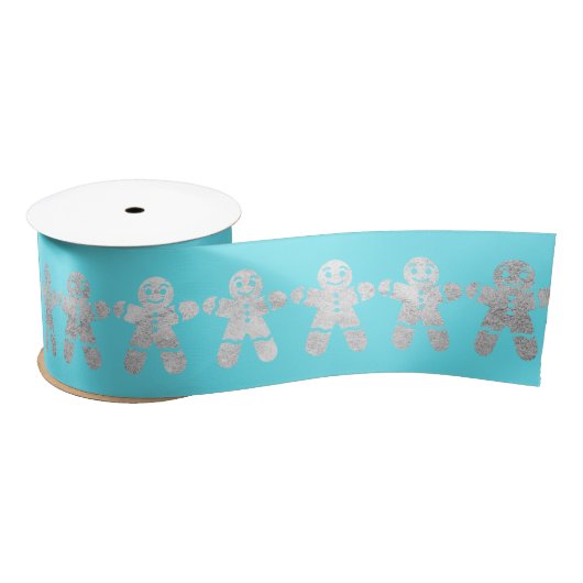 Kerstzilver Gingerbrood Man Ocean Blue Satijnen Lint (Spoel)