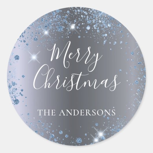 kerstzilverblauwe glitternaam ronde sticker (Voorkant)