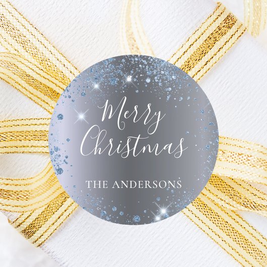 kerstzilverblauwe glitternaam ronde sticker