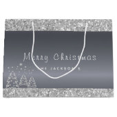 kerstzilveren bomen glitter druppelt groot cadeauzakje (Voorkant)