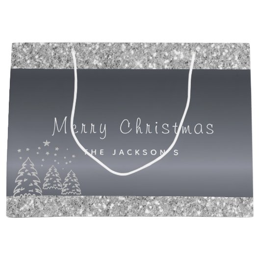 kerstzilveren bomen glitter druppelt groot cadeauzakje (Voorkant)