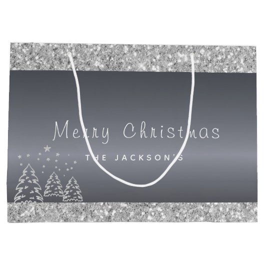 kerstzilveren bomen glitter druppelt groot cadeauzakje (Achterkant)