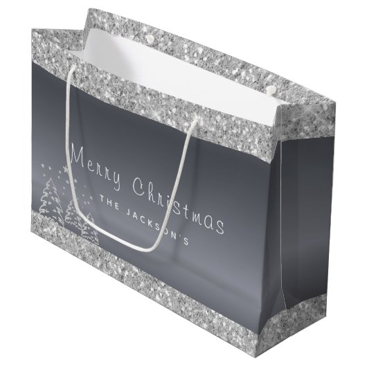 kerstzilveren bomen glitter druppelt groot cadeauzakje (Voorkant Gekanteld)
