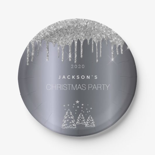 kerstzilveren bomen glitter druppelt papieren bordje (Voorkant)