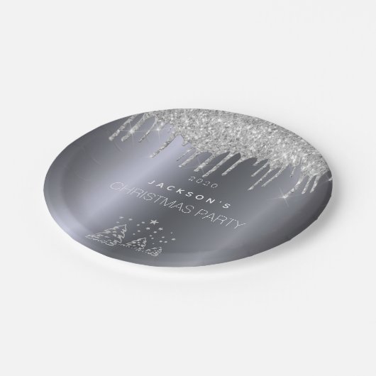 kerstzilveren bomen glitter druppelt papieren bordje (Gekanteld)