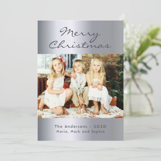 Kerstzilverfamilie foto feestdagenkaart (Staand voorkant)