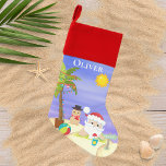 Kerstzomer Santa Beach Kinder gepersonaliseerd Kerstsok<br><div class="desc">Dit ontwerp heeft een schattige zomer kerst strand scène met een tropische kerstman met feestelijke palmboom en zanderige sneeuwpop op het strand. Perfect voor mensen die een tropische of zomerse kerst vieren Gepersonaliseerd door de tekst in het tekstvak te bewerken #Christmas #Xmas#christmasdecor #christmasstockings #stockings #kinder #giftsforkids</div>