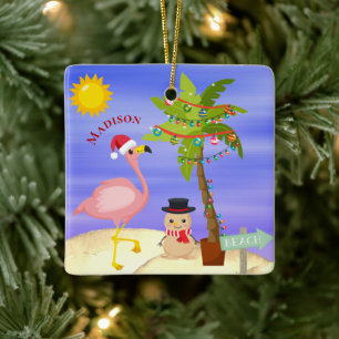 kerstzomerflamingo Beach Persoonlijke naam Keramisch Ornament