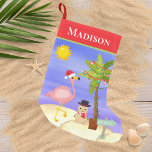 kerstzomerflamingo Beach Persoonlijke naam Kleine Kerstsok<br><div class="desc">Dit ontwerp is voorzien van een schattig kerststrand met een feestelijke tropische flamingo met een kersthoed, kerstlichten op een palmboom en zandige sneeuwman op het strand. Ideaal voor mensen die een tropische of zomerkerst vieren #Kerstmis #merry #merrykerkerkerKerstmis #summerkerKerstmis #summerkerKerstmis #tropicalkerstmis #flamingo #beachKerstmas #strand #tropical #feestdagen #cadeauts #seizoensgebonden #feestive #trendy #home...</div>