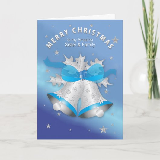 Kerstzuster en Family Silver Blue Bells Kaart (Voorkant)