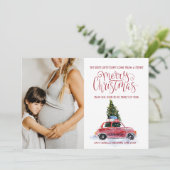 Kerstzwangerschapsaankondiging - Vintage-auto Feestdagenkaart (Staand voorkant)