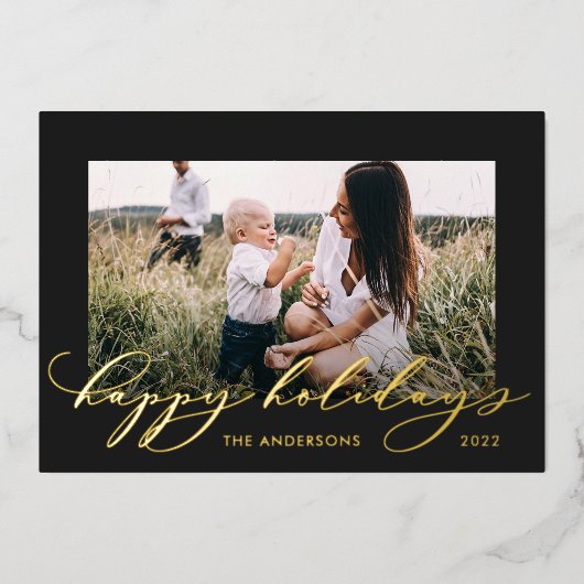 Kerstzwart 1 foto botanisch script folie feestdagenkaart (Voorkant)