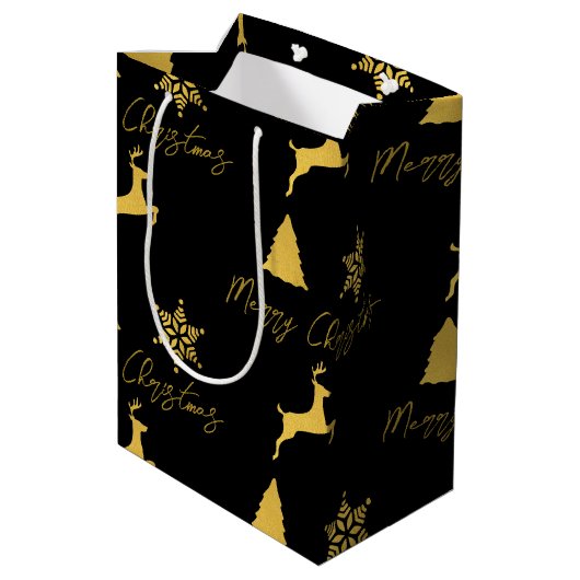 Kerstzwart en gouden patroon medium cadeauzakje (Achterkant Gekanteld)