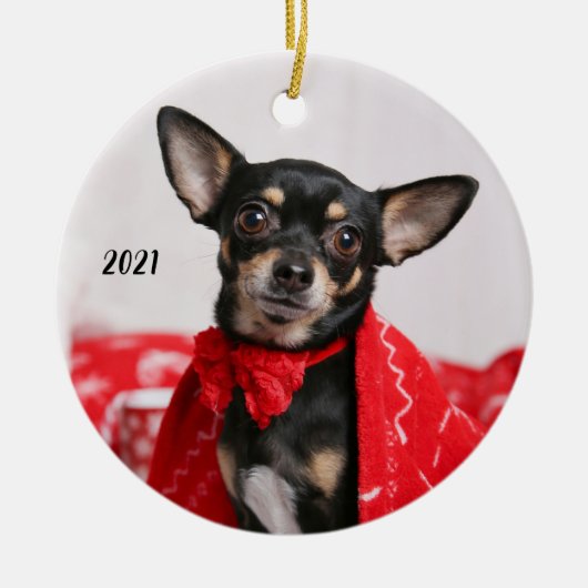 Kerstzwart en Tan Chihuahua Puppy Dog Keramisch Ornament (Voorkant)